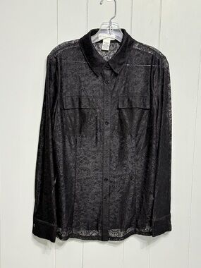 #19)  Doncaster Black Lace-Pattern Button-Down Sheer Shirt